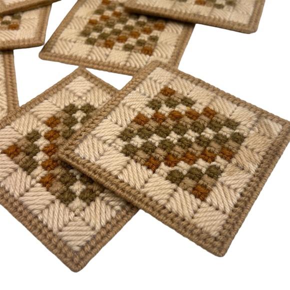 (8) Vintage Handmade Needle Point Canvas Art Coaster Set with Holder FALL Decor - Picture 7 of 12